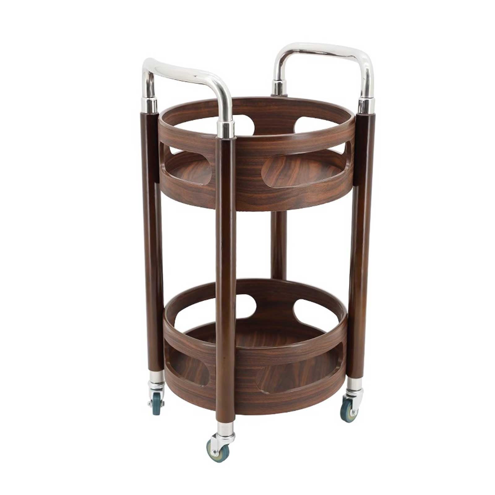 Fzl02068lm One Color Serving Trolleys Round Walnut Colored Rolling Bar Cart Wine Rack And Lockable Casters, 2 Tier Wood Shelves Serving For Kitchen, Club, Living Room Organization