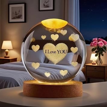 Valentine Romantic Night Light with Blank Cards, Crystal Snow Globe Gifts with Wooden Light Base, USB Powered, for Desk Dresser Shelf Coffee Bar Mantle Windowsill, Unisex Christmas Gifts