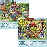 Bits and Pieces - Set of Two (2) 300 Piece Jigsaw Puzzles for Adults - Each Puzzle Measures 18' X 24' - Singing in The Meadow, Country Charm 300 pc Farm Scenes Jigsaws by Artist Nancy Wernersbach