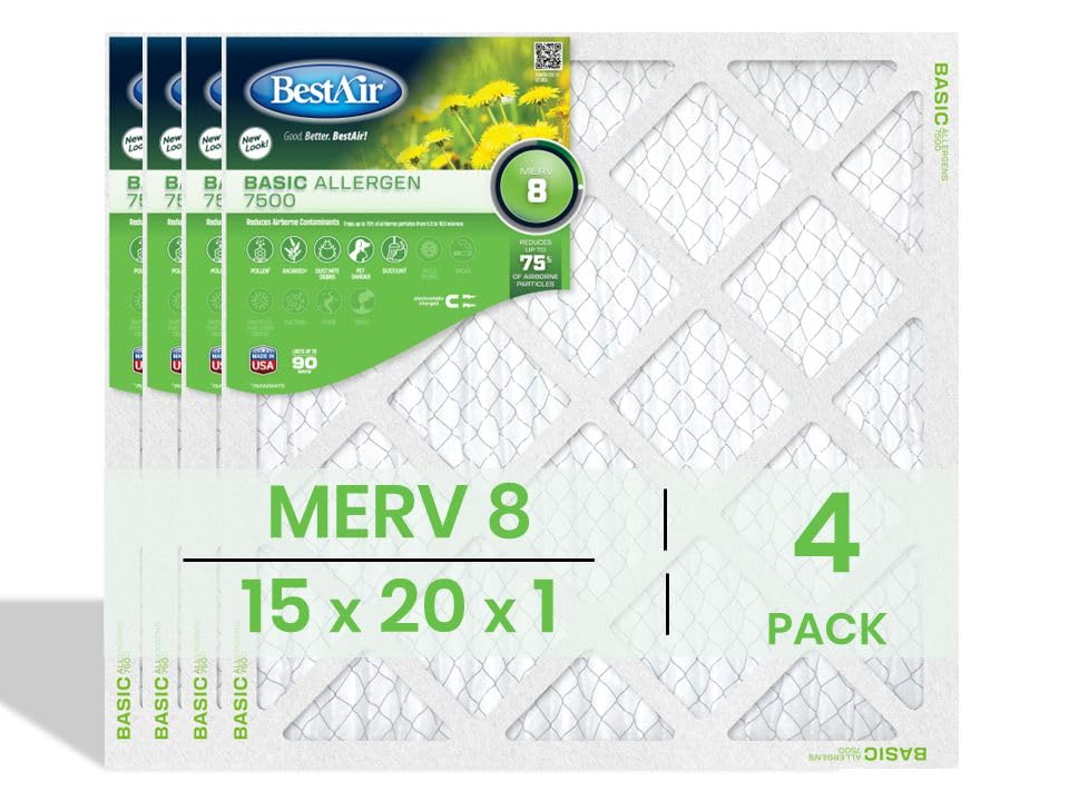 BestAir 15x20x1 Air Filter (4-Pack) | MERV 8 Basic Allergen 7500 HVAC AC Furnace Filter | Replacement Air Filter for Residential & Commercial Use | Made in USA | Actual Size (14.75 x 19.75 x 0.75)