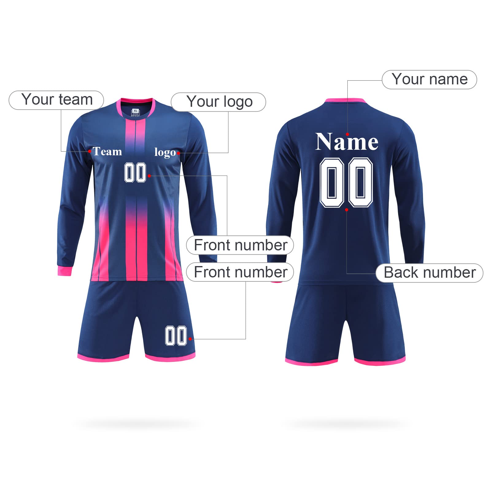 LAIFU Personalized Soccer Jersey Short Kids Adults with Name Number Team and Logo Custom Shirt Men Women Soccer Shin Pads (White Long Sleeve)