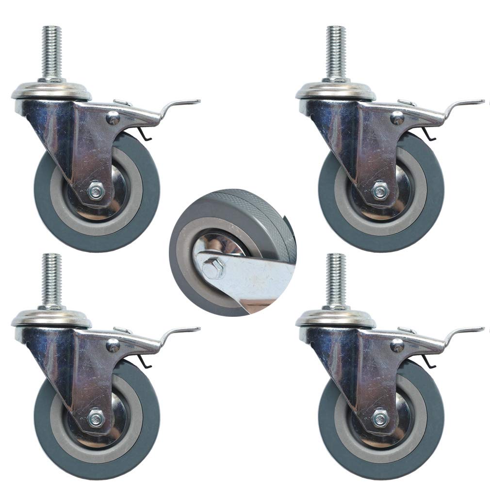 GBRJUYF 4 Heavy Duty Swivel Caster Wheels with Brakes 3-Inch Grey Rubber PVC Set of 4 M10/M12 Silent Furniture Casters for Easy Mobility and Stability