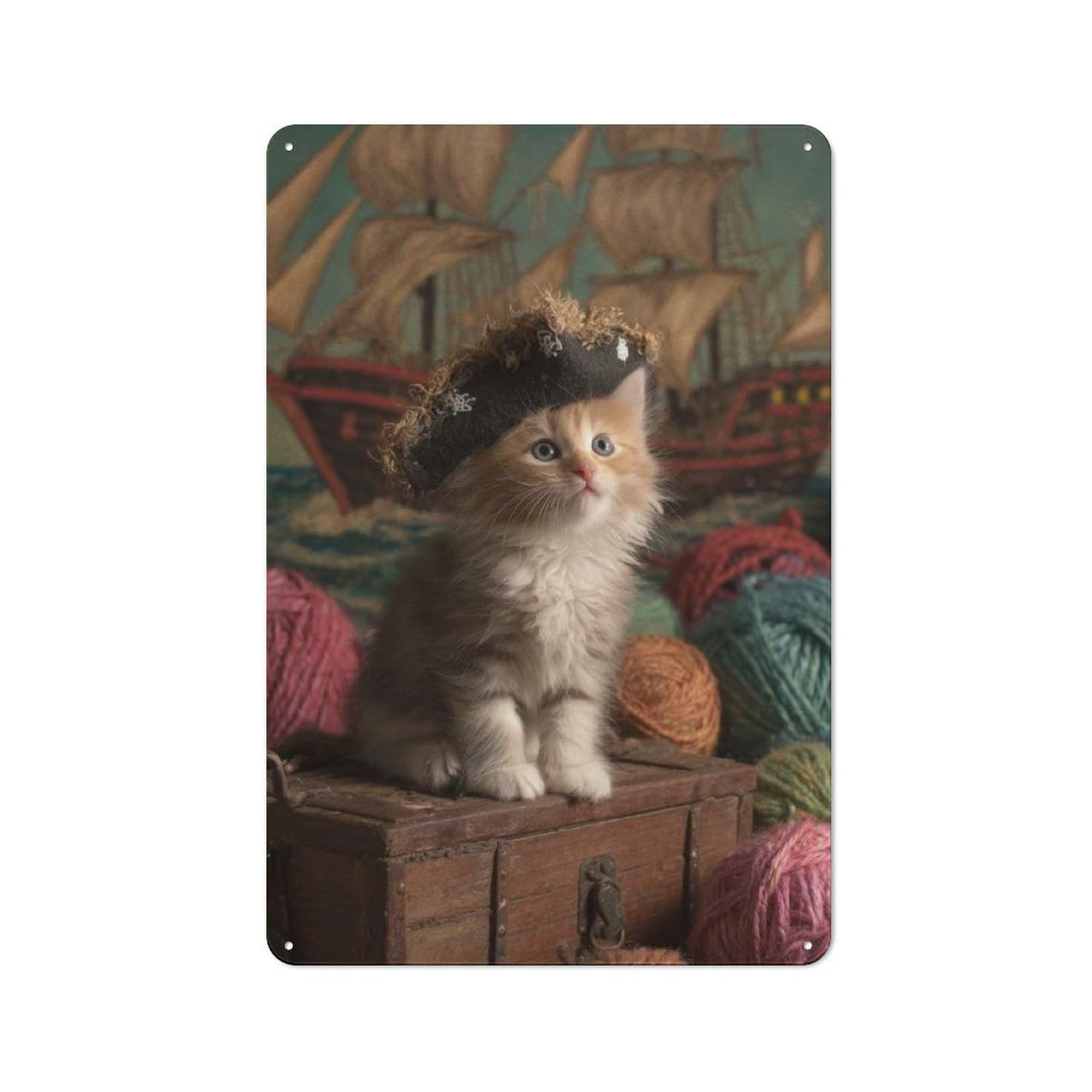 Junmoney Kitten Pirate On Treasure Chest Classic Decorative Tin Plaque 30X20cm Featuring Novelty Wall Art For Home, Shop, Pub Or Studio Wall