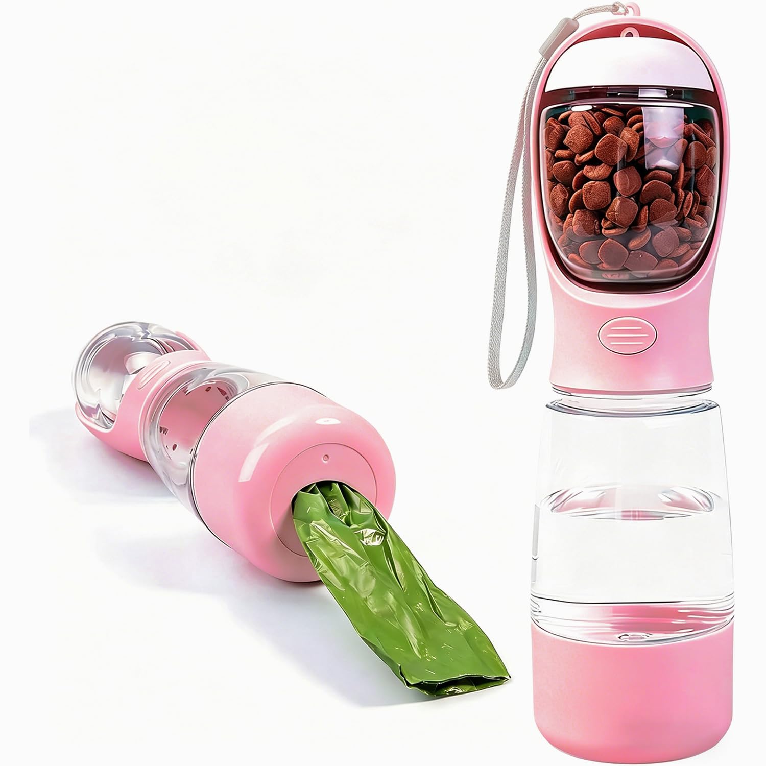 4-in-1 Portable Dog Water Bottle with Food Container, 400ml Dog Travel Water Dispenser with Built-in Bowl and Waste Bag Storage, Leakproof Pet Water Bottle for Walking, Hiking & Travel (Pink)