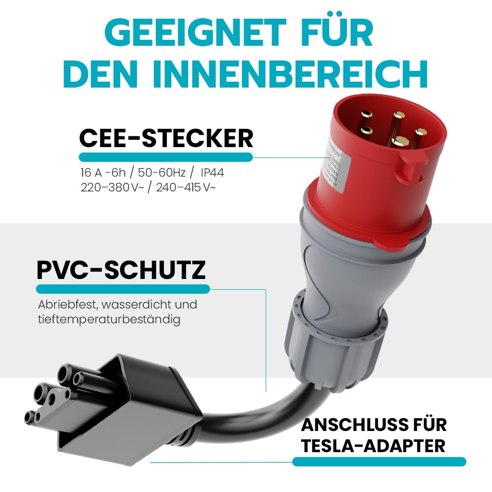CEE-Tesla Adapter 5 Pin 16A, 0,3 m für Tesla Charger (UMC) | tesla mobile connector,Hochreines Kupfer, niedriger Widerstand, Flammhemmendes, Verlängerungskabel, Kompakter Ladeadapter