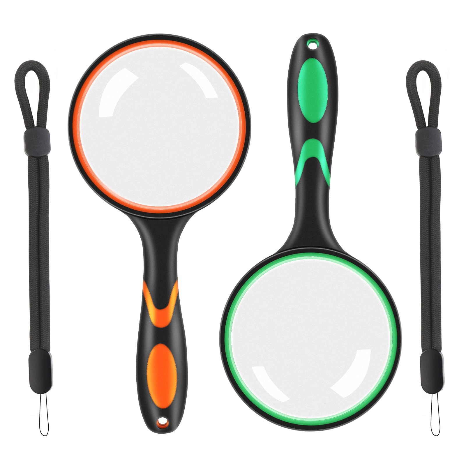 Vicloon Magnifying Glass, 10X Handheld Reading Magnifier 2pcs, 75mm Magnifying Lens Handheld Magnifying Glass with Hanging Rope and Rubber Handle for Observation Reading Book (Green+Orange)