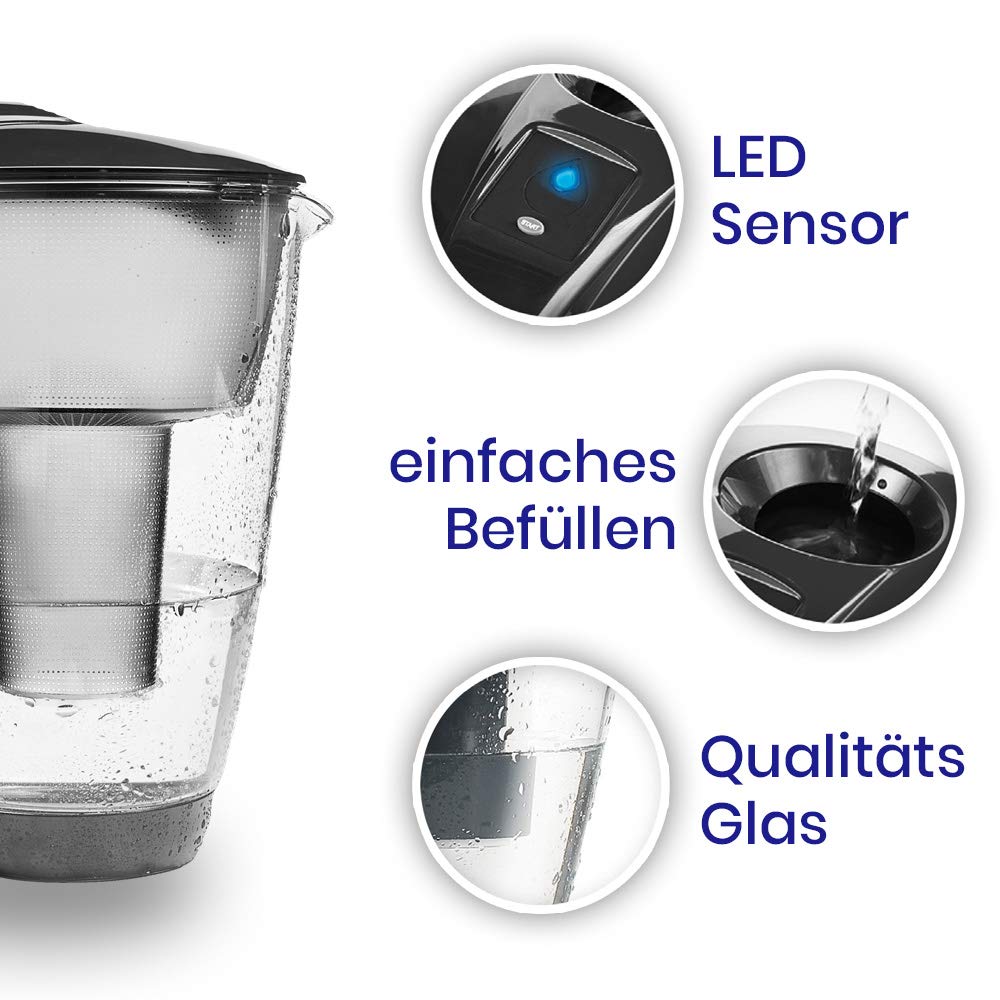 perlopur® Glas-Wasserfilter (anthrz.) +3 Kart. Aquamag +Glas-Trinkfl. | Borosilikatglas, 2 l gesamt, 1 l gefiltert, LED-Anzeige, für classic Kartuschen, Magnesium-Zugabe, ideal für Kaltgetränke