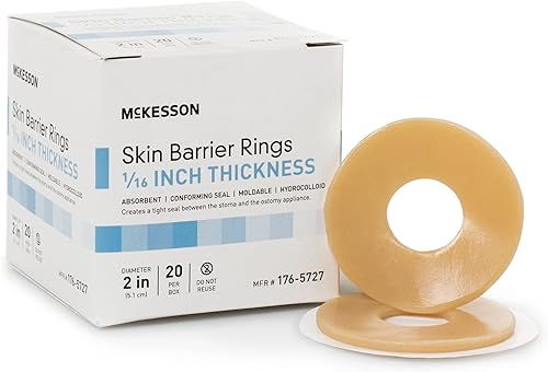 McKesson Anillos de barrera para la piel, ostomía, absorbente, sello conforme, hidrocoloide, grosor 1/16, 2 pulgadas de diámetro, 20 unidades
