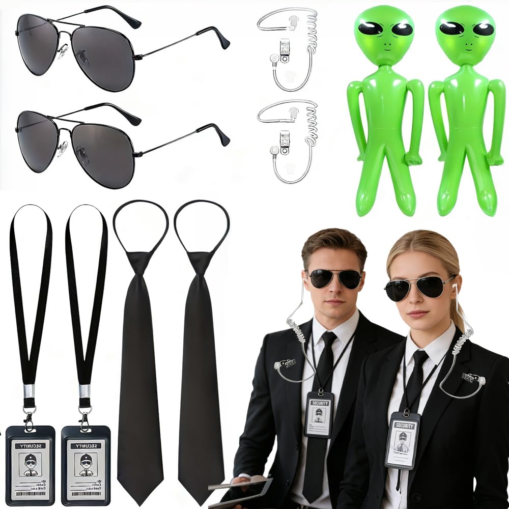 10PCS Agent Costume Accessories Set, Spy Costume Kit with ID Holders Ties Sunglasses Earpieces Inflatable Green Aliens