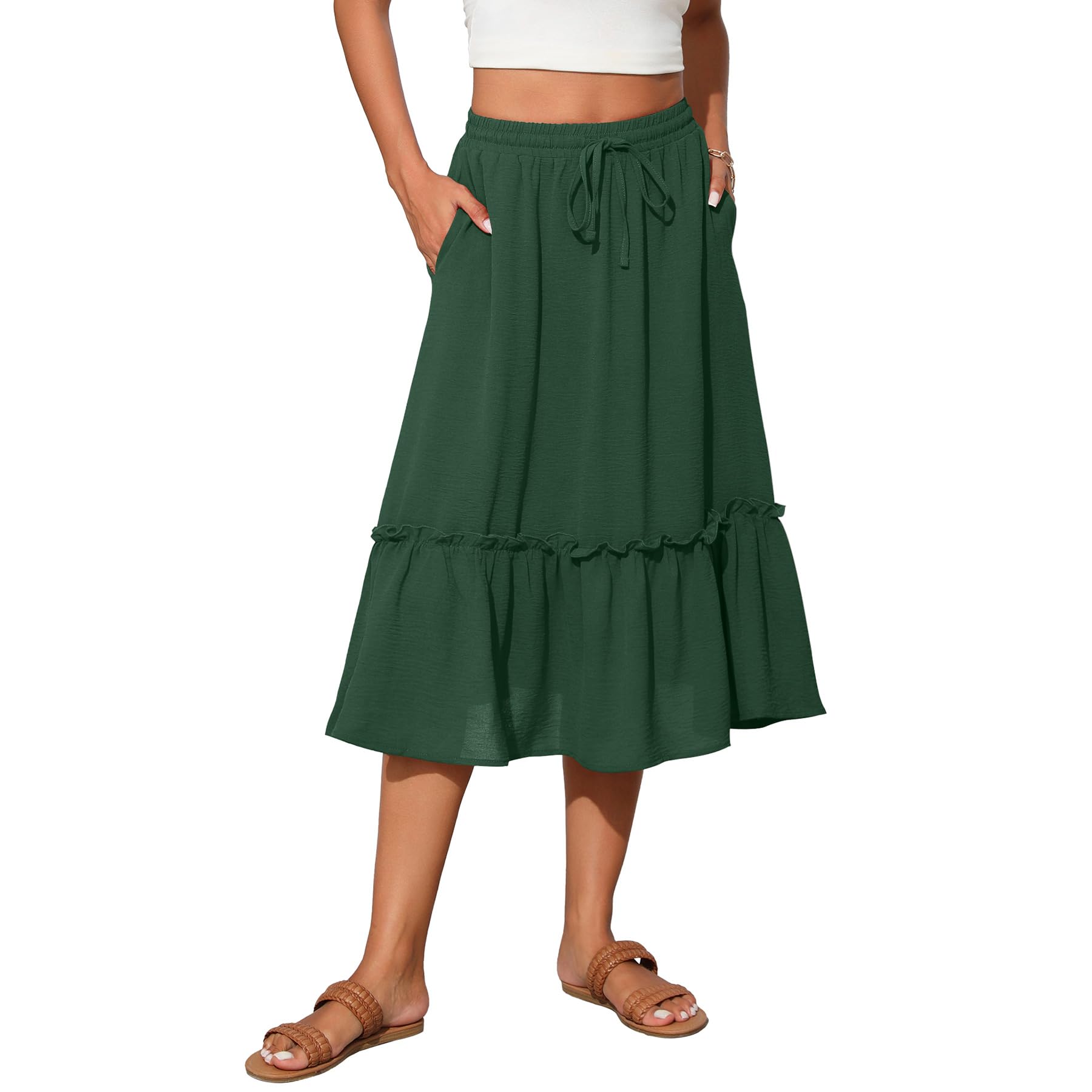 Witsmile Summer Skirts for Women Bohemia Womens Midi Skirt High Waist Pleated Tiered Cover-up(Dark Green,2XL)
