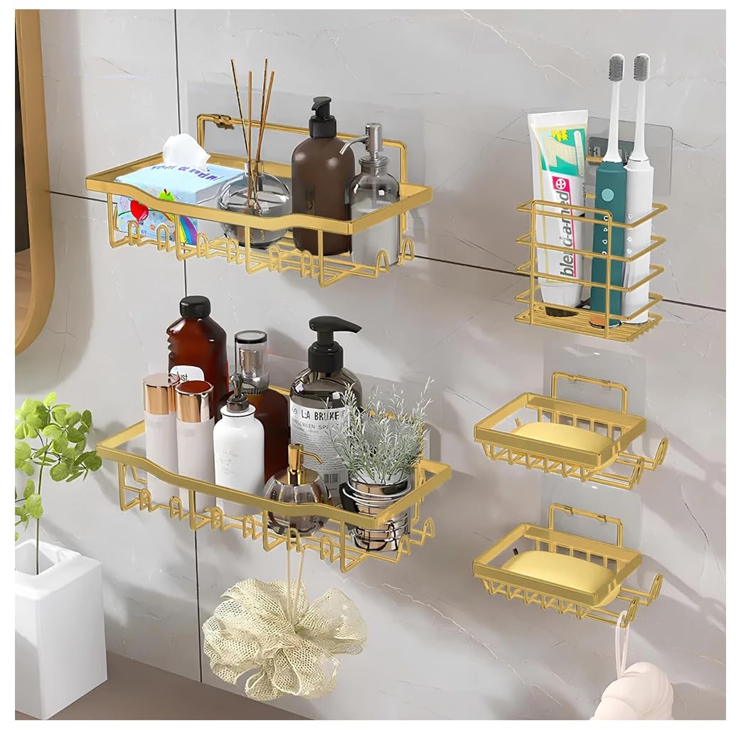 5-Pack Adhesive Shower Caddy Shower organizer for Bathroom Kitchen Storage - Gold