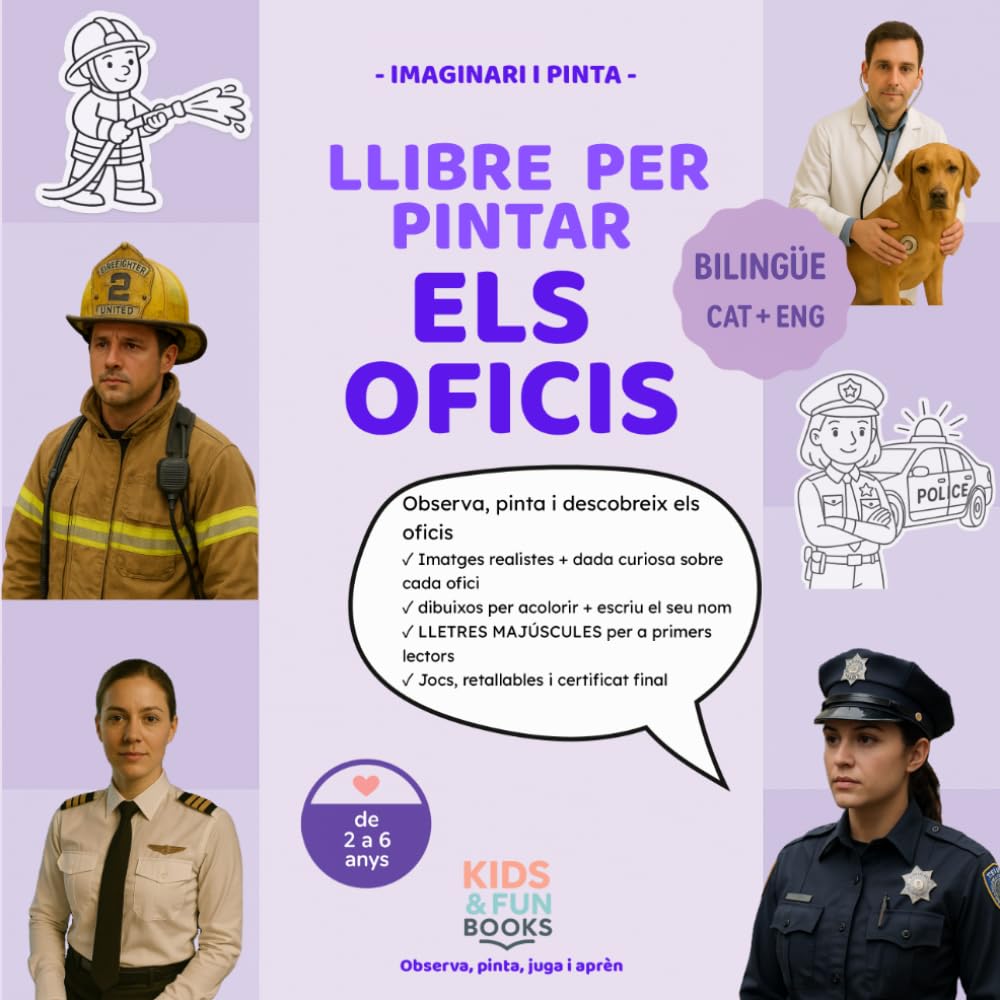 Llibre per pintar els oficis (2–6 anys) – bilingüe CAT-ENG – amb imatges realistes + lletra de pal + activitats: Inspirat en pedagogies actives com ... motricitat i atenció. (Imaginari i Pinta)