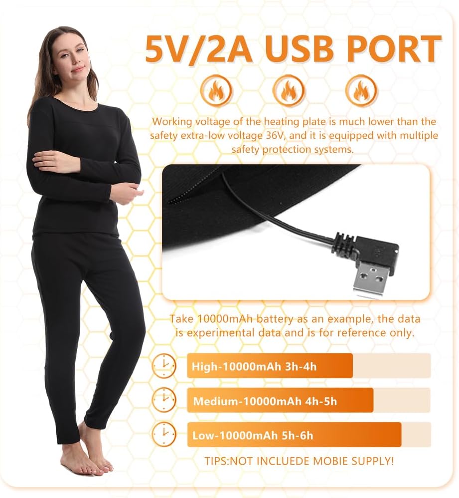 Heated Underwears, Men Women Heating Long John Set Electric Thermal Baselayer Shirt Pant for Outdoor Sport