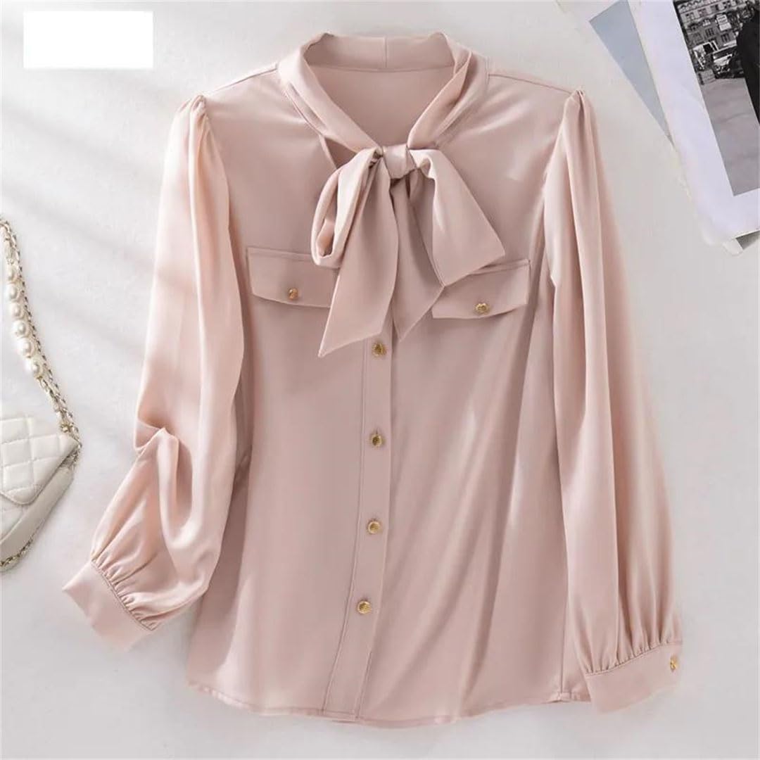 Camicetta da donna in raso elegante chic con colletto a fiocco coreano solido manica lunga top