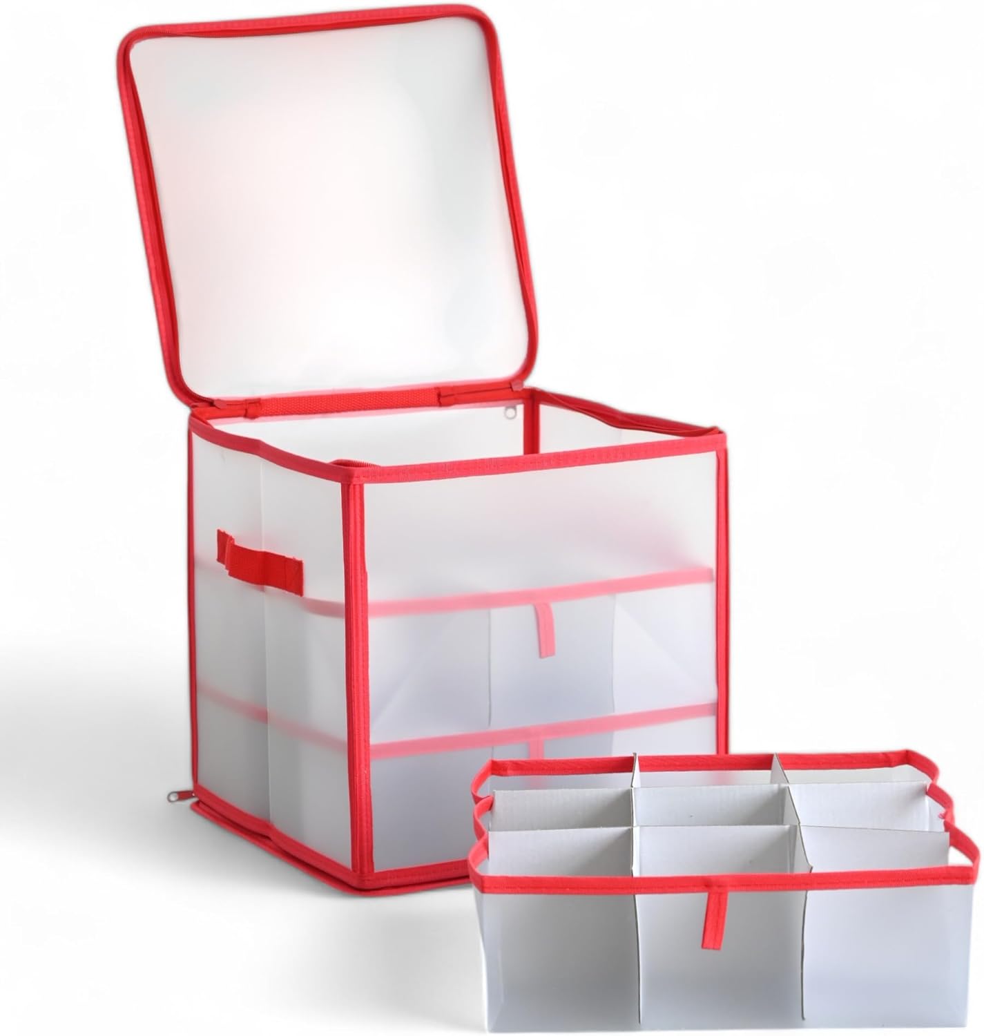 MIJOMA - Christmas Bauble Storage Box for Christmas Decorations Foldable Transparent (Red, 31.5 x 31.5 x 31.5 x 31.5 cm, for 27 Pieces with Inserts)