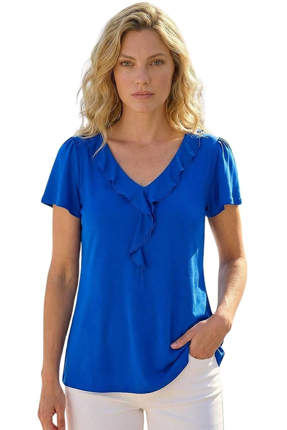 Roman Women Frill Front Vest Top Ladies Ruffle Blouse Summer Spring Special Occasion Evening Holiday Cruise Cocktail Party Short Long Sleeve Sleeveless V-Neck - Satin Royal Blue - Size 10