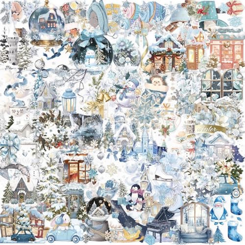 50 Pcs PET Transparent Cartoon Winter Stickers Waterproof Vinyl Winter-Themed Decals for Laptop Skateboard Luggage Snowy Scene Stickers Gift for Kids Teens Adults (Winter Day)
