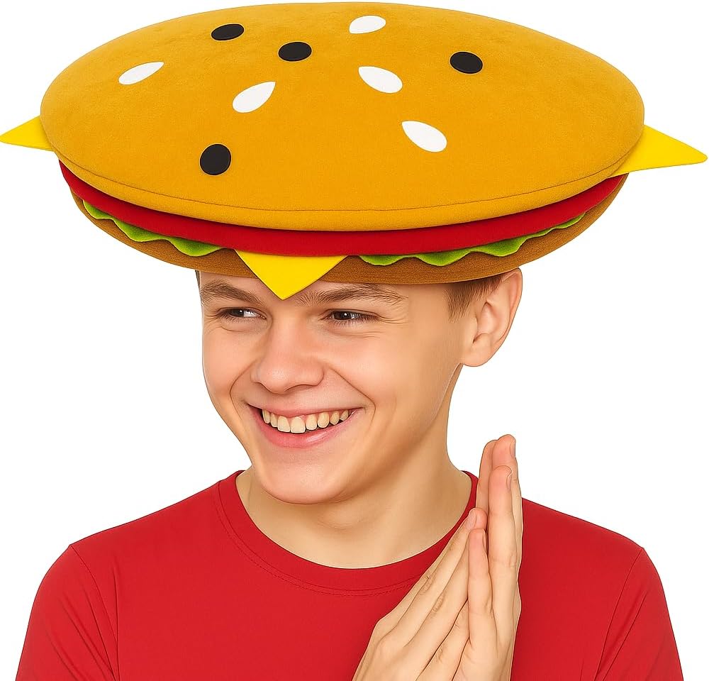 ArtCreativity Funny Hamburger Hat - Soft Plush Costume Accessory, Pizza Party Supplies Decoration - One Size Fits Most, Crazy Silly Hat for Halloween