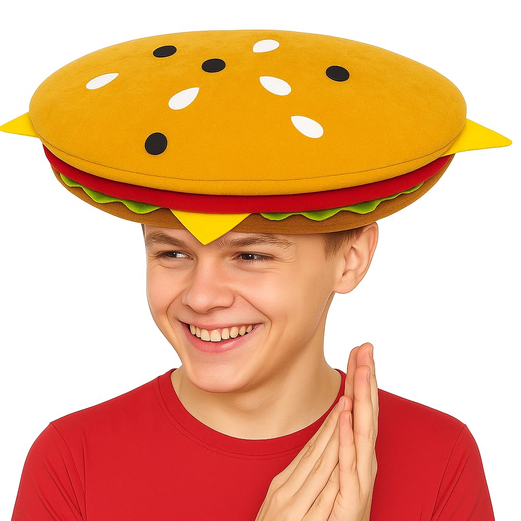 ArtCreativity Funny Hamburger Hat - Soft Plush Costume Accessory, Pizza Party Supplies Decoration - One Size Fits Most, Crazy Silly Hat for Halloween