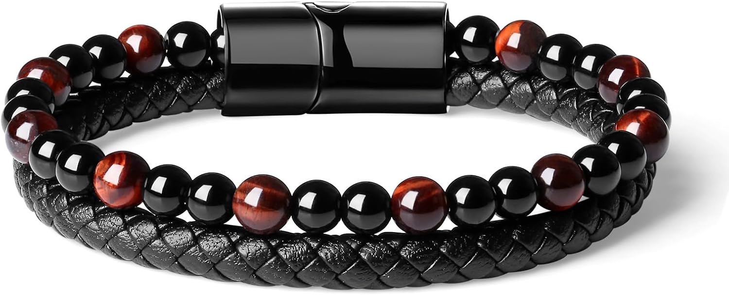 Men's Braided Leather Bracelet, 8.3inch Black Braided Leather Stainless Steel Bracelets, Tiger Eye Natural Stone Lava Rock Beads Bracelets Gift for Men - Image 7