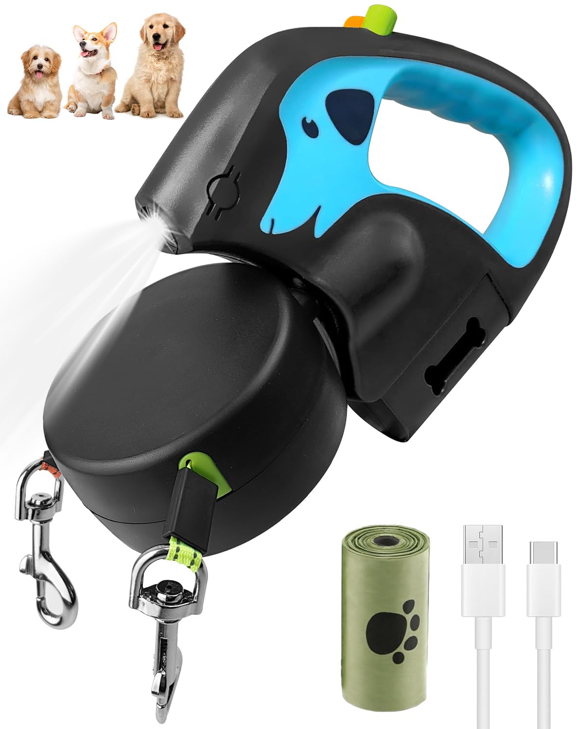 3M Retractable Double Dog Lead, Up to 20kg Non-Slip Handle Dog Lead with Rechargeable Flashlight & Rubbish Bag, 360Β° Tangle-Free Reflective Nylon Band, for Walking 2 Dogs