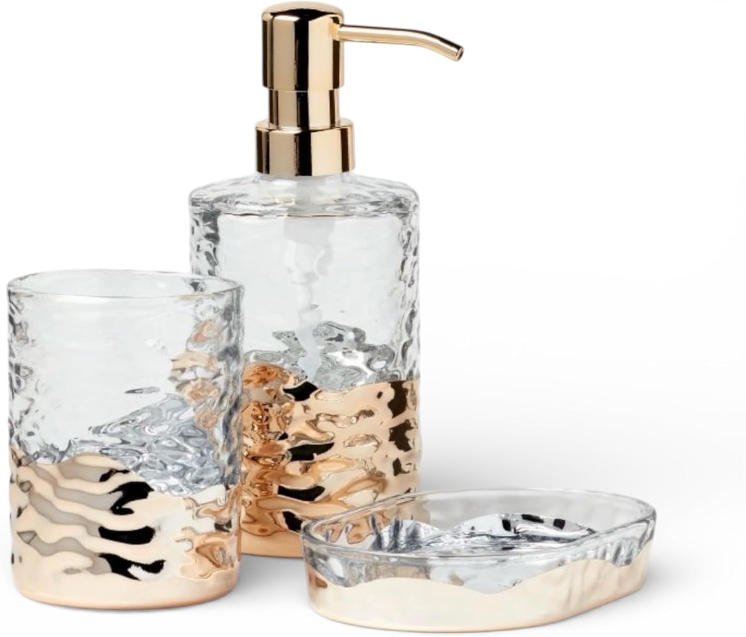 3-Piece Bathroom Accessory Set, Clear Ribbed Glass Soap Dispenser with Gold Pump, Tumbler Cup Toothbrush Holder & Soap Dish, Modern Elegant Vanity Countertop Bathroom Decor, Luxury Bath Set