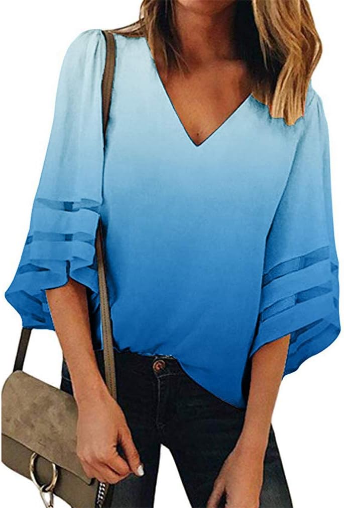 QixuanWomen's 3/4 Bell Sleeve Floral Printed Shirt Mesh Panel Blouse V Neck Casual Loose Tops