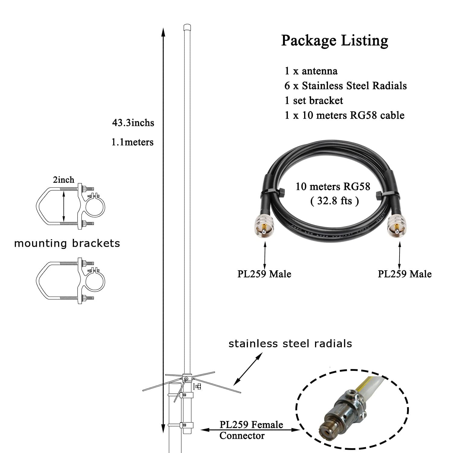 Dual Band VHF UHF 2m 70cm Ham Radio Base Antennas for Marine/Two-Way Amateur Ham Radio, 10meter Cable PL259/ UHF/ SO239 Connector