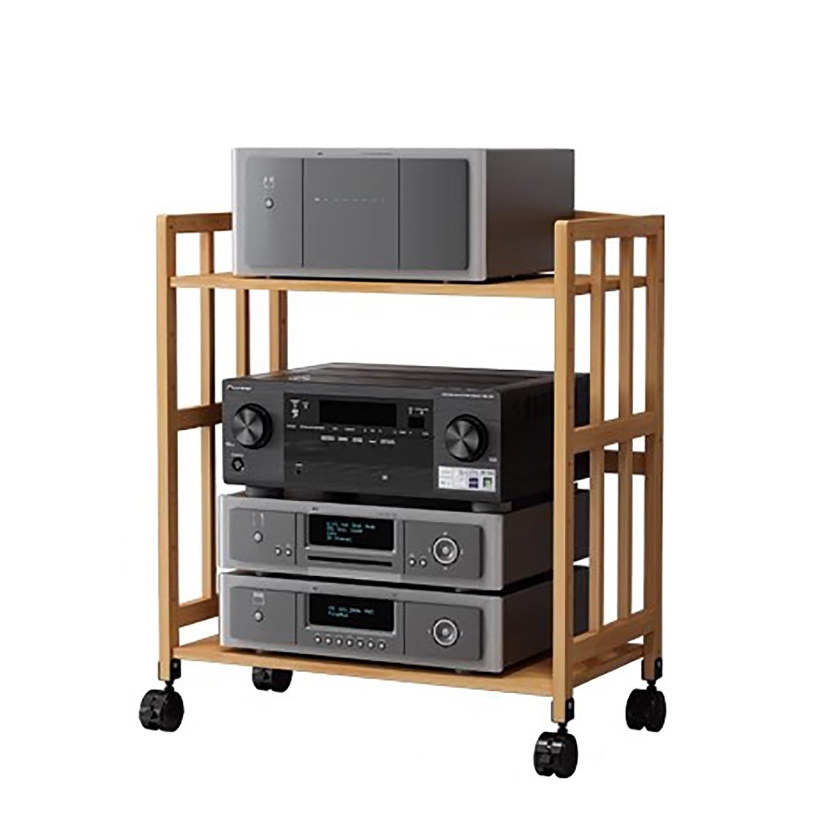 JYHHCYS Mobile Bamboo Audio Rack Cabinet Stereo Component Stand On Wheels, Multi-Layer Upright Record Player Amplifiers Media Shelf with Adjustable Shelf (Color : 2 tier-77CM Tall, Size : W-55CM)