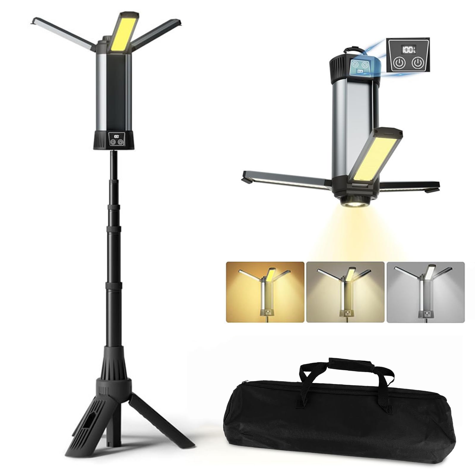 Lámpara Camping con 6000 mAh, 3 Temperaturas de Color Regulables, Superbrillante, Luz de Trabajo Inalámbrica Recargable, Con Trípode Extensible, 2000 Lúmenes, Para Camping, Reparación de Coches