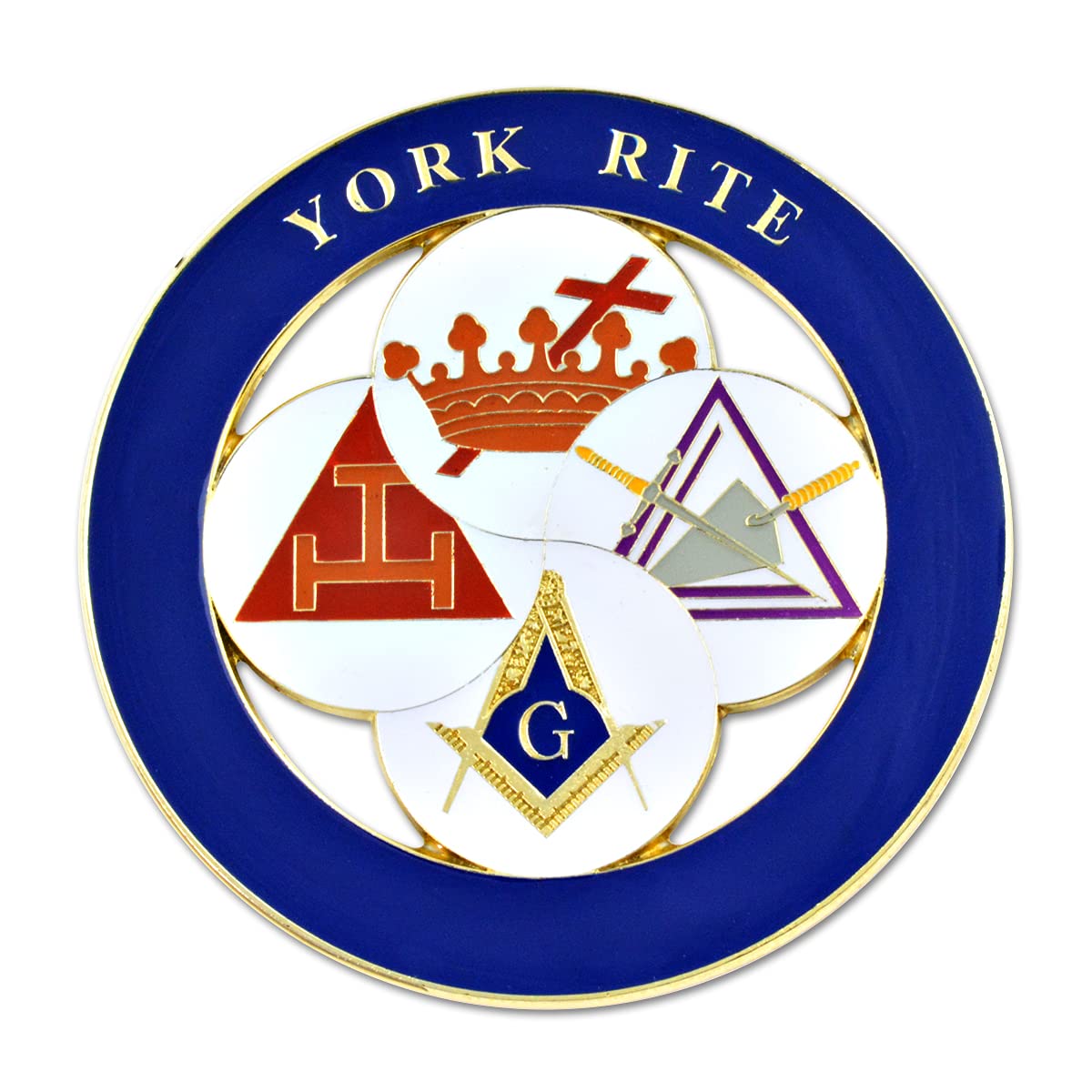 York Rite Royal Arch Templar Cryptic Council Round Masonic Auto Emblem - [Blue & White][3'' Diameter]