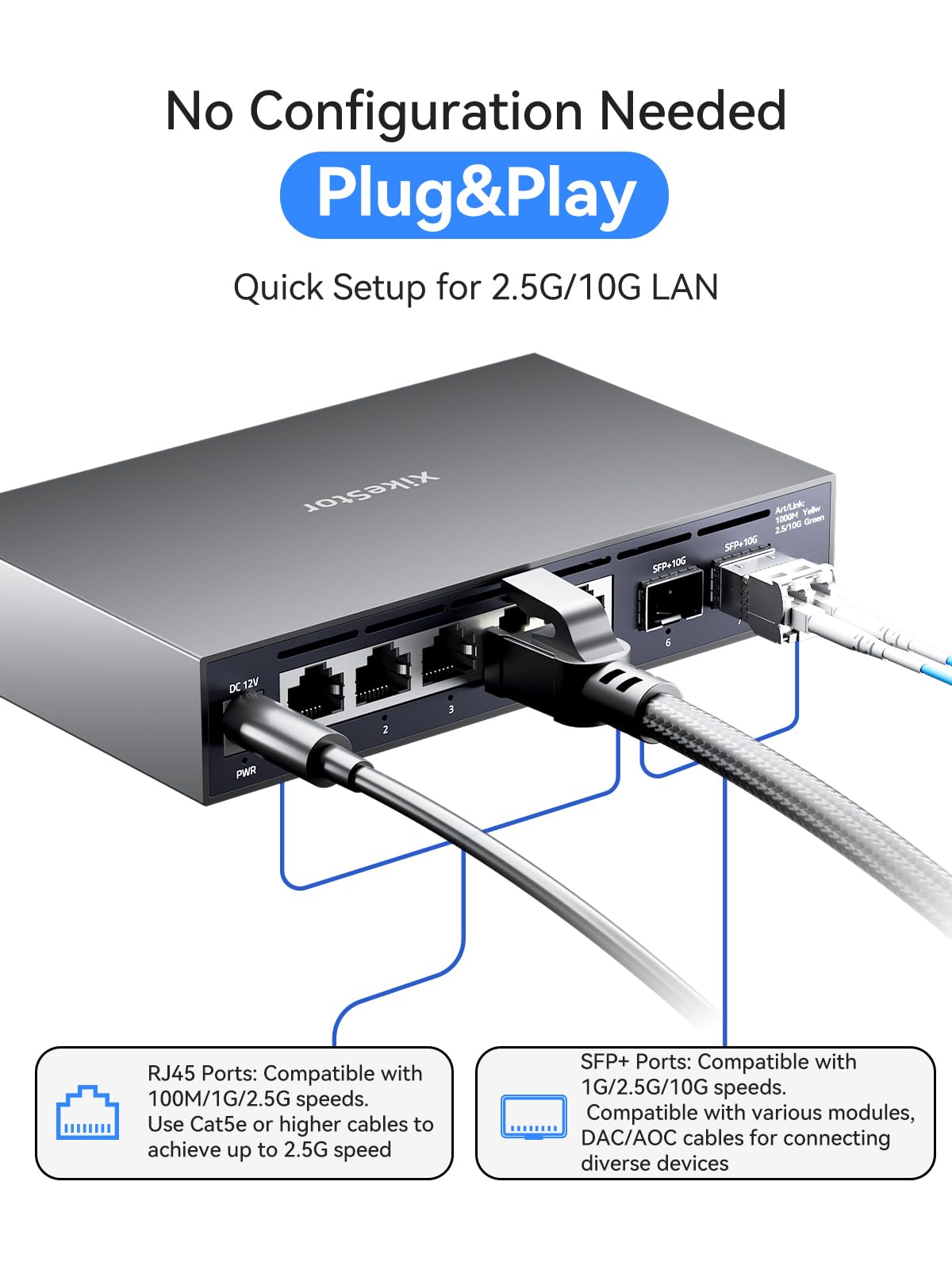2,5G Unmanaged Ethernet-Switch 5X 2,5GbE RJ45 + 2X 10G SFP+ | Plug-and-play, kein Setup. Lüfterloses Metall, leise. Geringer Verbrauch für Heim, Büro & Überwachung.