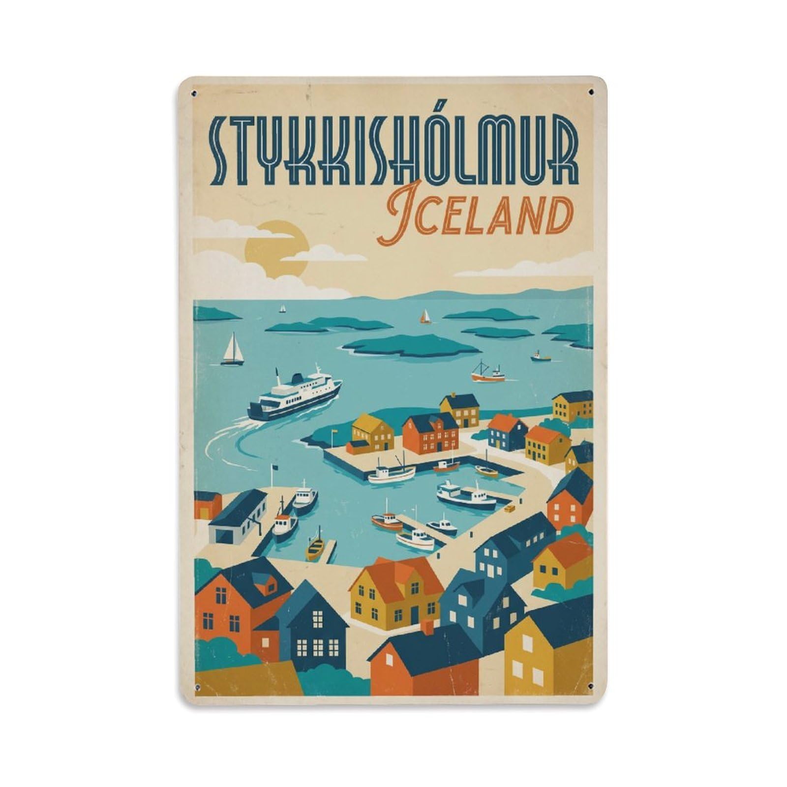 Gead 8X12inch Style Vintage Travel Stykkisholmur Iceland Harbor Metal Tin Sign