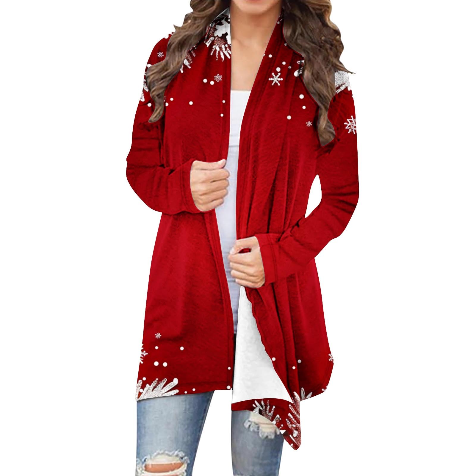 Womens Open Front Cardigan Sweater Long Sleeve Lightweight Coat Red-Christmas Tree Cardigans Casual Fall Outwear