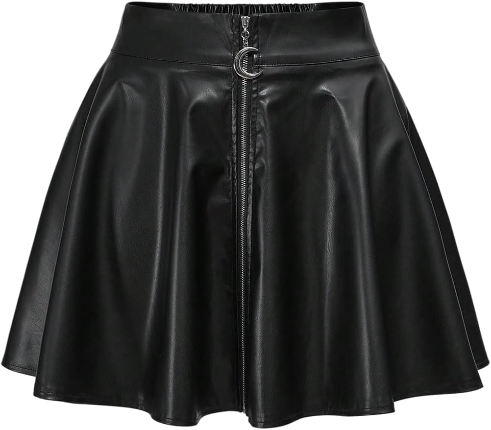 Women's Leather Mini Skirts Gothic Zipper Ruffle Drop Low Rise A Line Flared Short Skirts Y2k Pleated Skirt