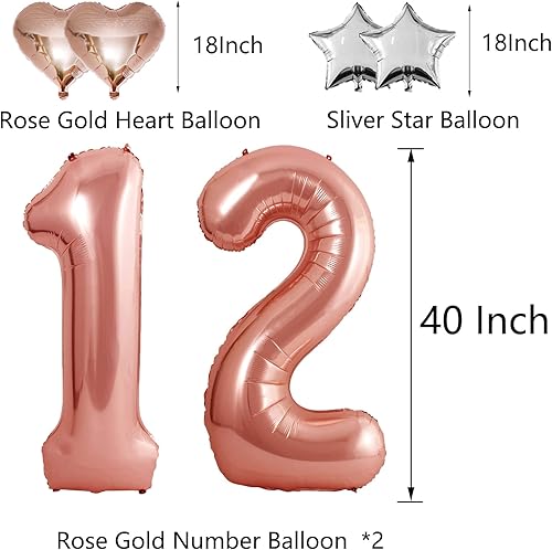 Miniatura 2 de Globos de oro rosa de 40 pulgadas con el número 12 | Globos de papel de aluminio Nmuber grandes de 12 cumpleaños para niño y niña | Globo gigante