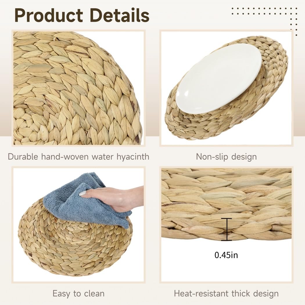 Set mit 12 runden Rattan-Tischsets, 30 cm, handgewebt, Wasserhyazinthe, hitzebeständig, rustikale Tischmatten für Küche, Esszimmer, rutschfest