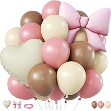 Pink and Brown Balloons, 12inch Blush Pink Brown Boho Balloon White Sand Bear Balloons with Heart Bow Foil Balloon for Bear Baby Shower Birthday Party Decorations Bridal Wedding Boho Graduation Decor