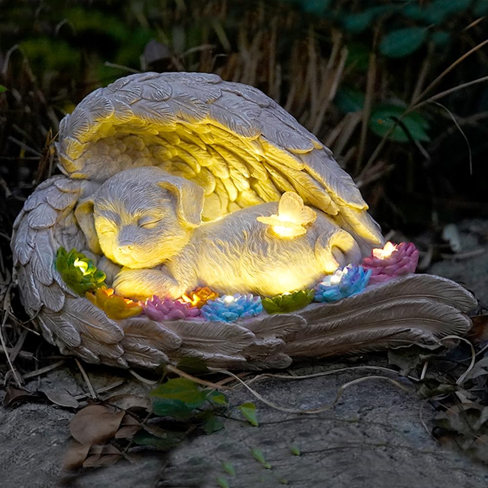 Dog Memorial Stone,Dog Memorial Pet Memorial Stone with Solar Angel Statue - Ideal for Garden or Tombstone Commemoration