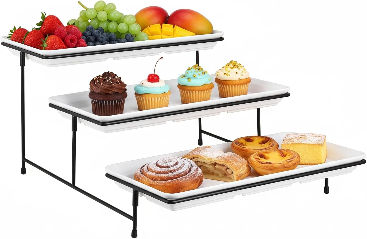 3 Serving Platters 3-Tier Serving Tray Set, Metal Stand for Dessert, Appetizer, Black 14-Inch Tiered Tray for Parties and Buffets