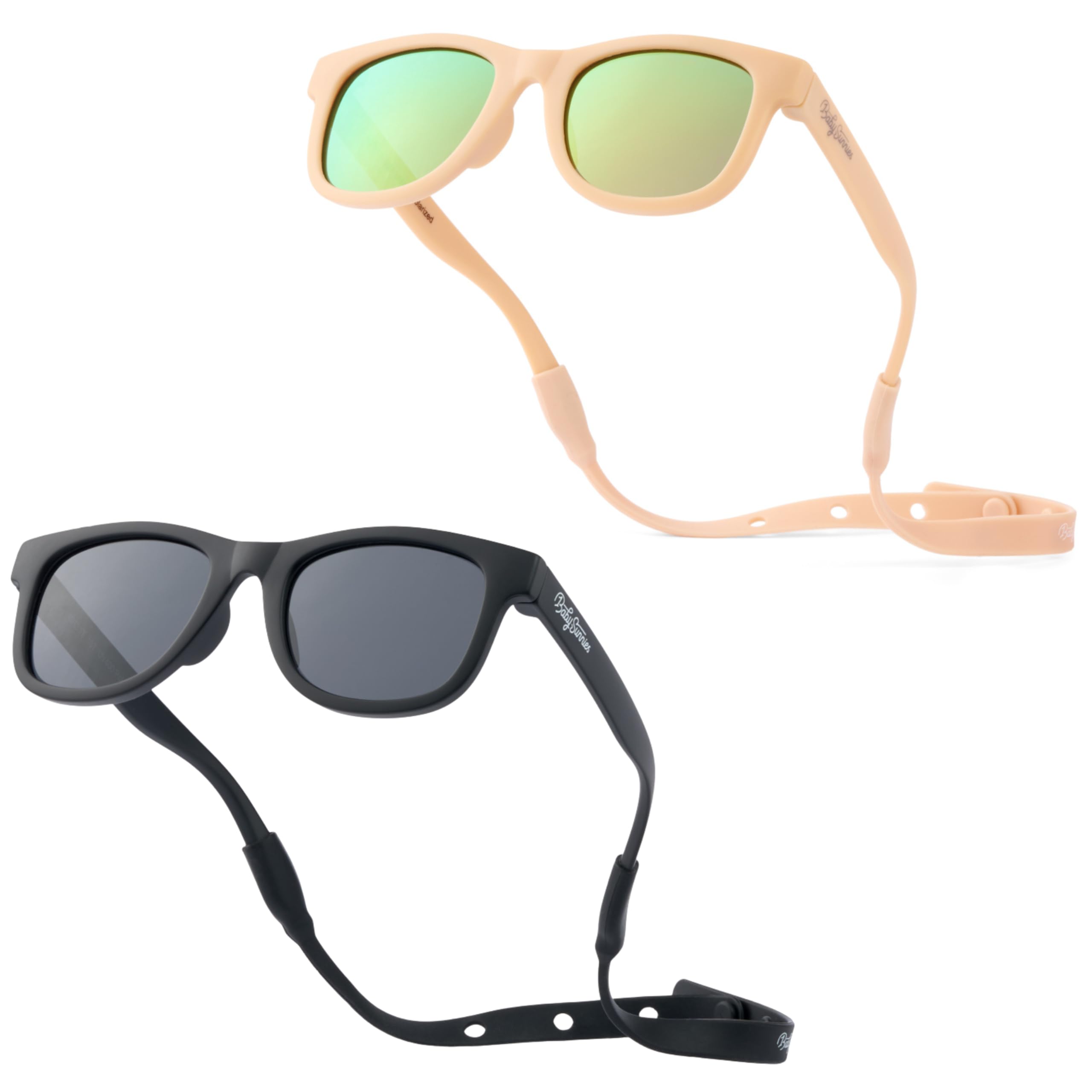 baby sunnies polarized baby sunglasses with strap - 2 pairs, peach & black - unbreakable flexible infant sunglasses - toddlers & newborns 0-24 months - baby beach essentials - infant travel essentials