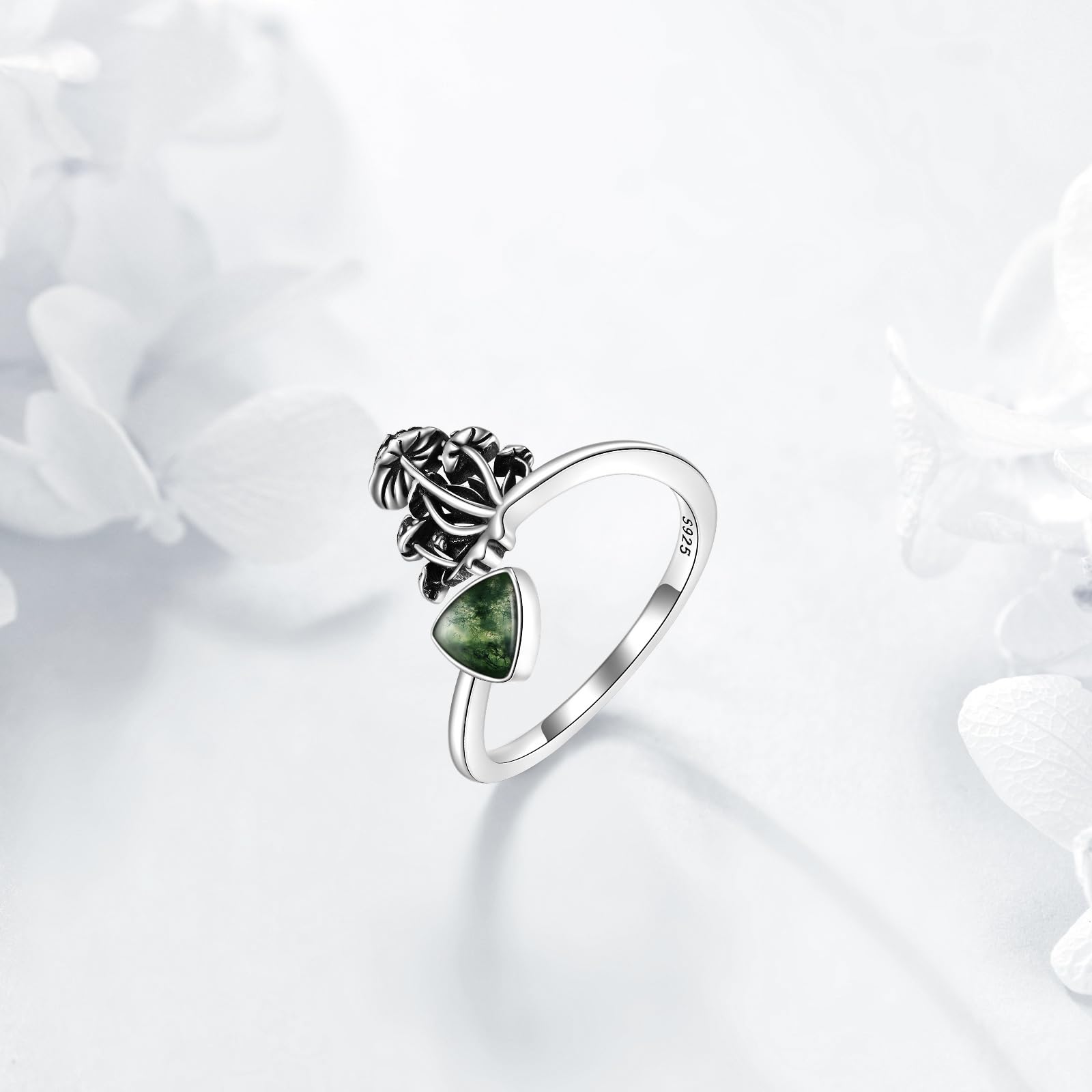 YFN Pilz Ring 925 Sterling Silber Moosachat Pilz verstellbarer Ring Pilz Schmuck für Damen Mädchen antike Pilz Geschenke für Mutter