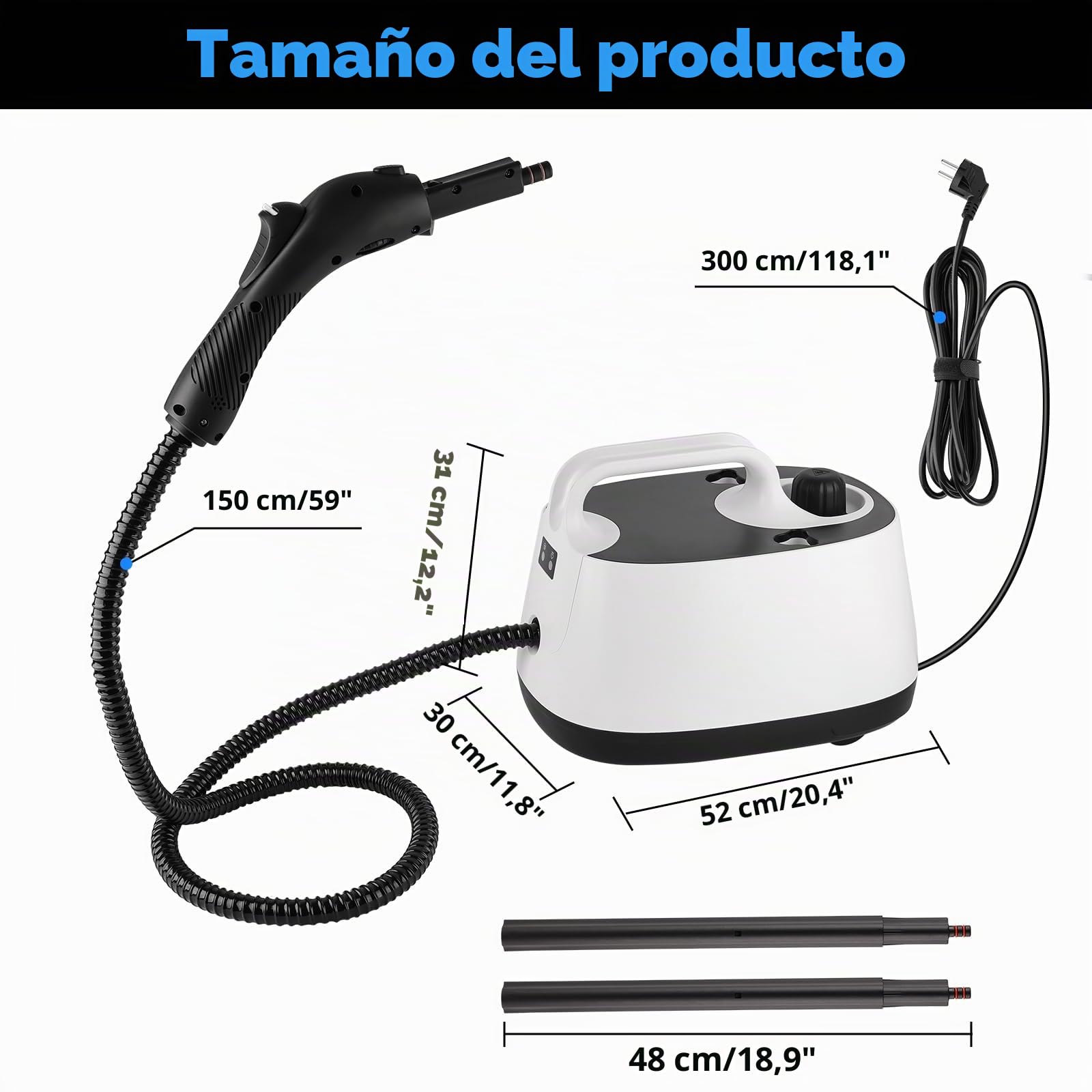 Vaporeta Limpieza Hogar 2000 W,Limpiador a Vapor con 1600ML Agua,4 Bar | 15 Accesorios,2.7m Alimentación,Elimina la Suciedad y la Grasa de Suelos, Muebles Tapizados y Superficies de Baño
