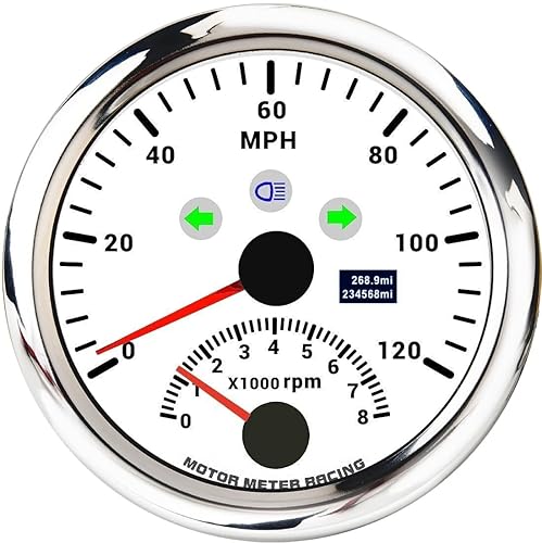 MOTOR METER RACING W PRO 85mm 3-3/8" 2 in 1 GPS Speedometer Tachometer Digital Odometer Mileage & Trip Meter with Turn Signal High Beam 120 MPH Waterproof White Dial Red LED for Car Truck Motor