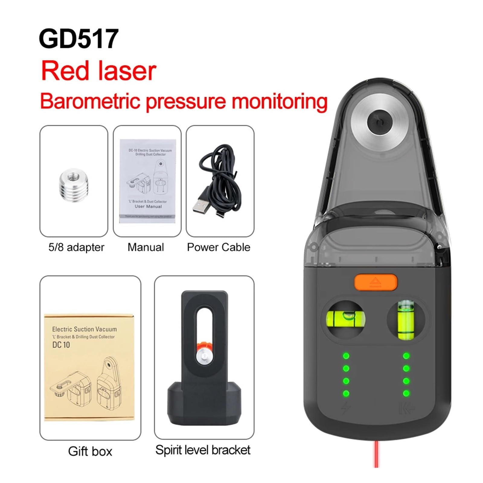 Nivel láser, Nivel Láser, Soporte Móvil, Herramientas De Perforación Alineación, Aspirador Eléctrico, Colector Polvo Para Destornillador Martillo,para carpintería(GD517-red-laser)