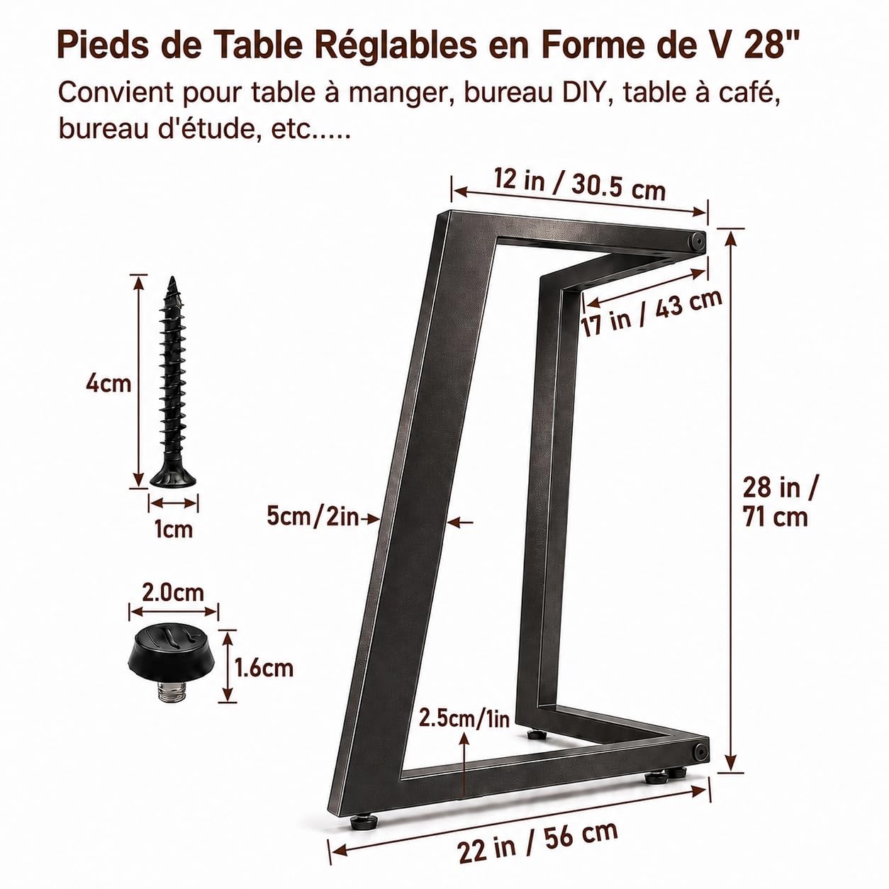 Pieds de Table Métal Noir 70 cm en V pour Table à Manger et Bureau