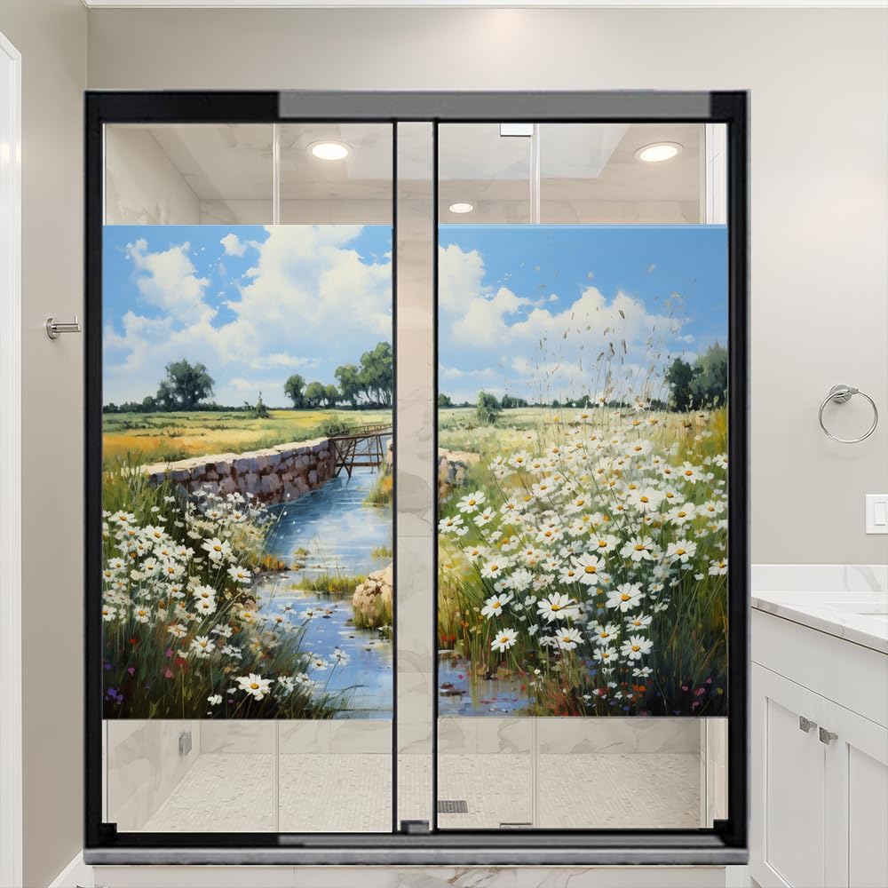 Countryside Scenery Window Film Heat Blocking Natural Wildflowers White Daisy Privacy Window Decor Glass Door Covering Self-Adhesive Window Film for Bathroom Kitchen 31.5Wx47.2L-inch x2 Pcs