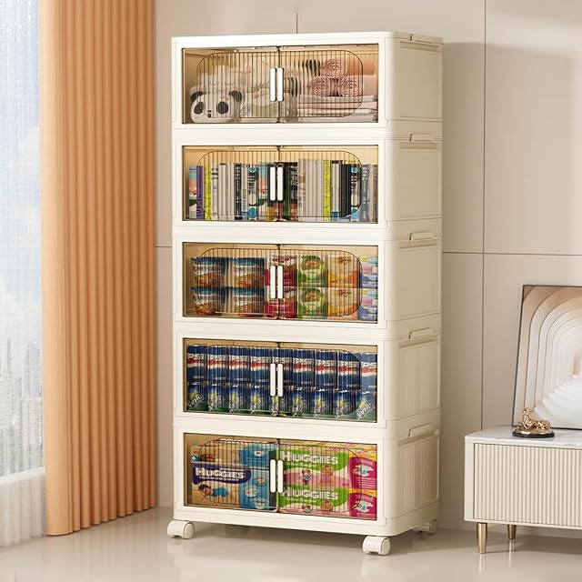Boîte de rangement avec lids, Grandes boîtes de rangement en plastique pour le bureau d'intérieur, Tôles de rangement empilables Collapsibles avec roues, Space Sauver les conteneurs de l'organisation pour Garage Chambre à coucher Salle de bains(5-Tier)