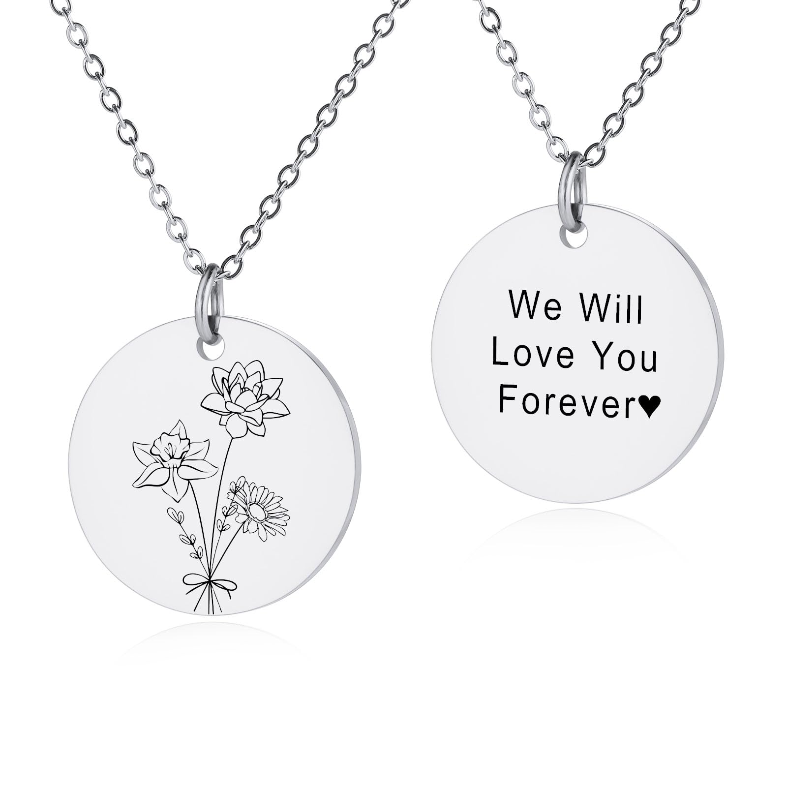 INBLUEPersonalized Engraved Birth Flower Disc Necklace for Women Customized Text Stainless Steel Round Pendant Combined Birth Flower Bouquet Necklace Fashion Dainty Jewelry Gift for Birthday