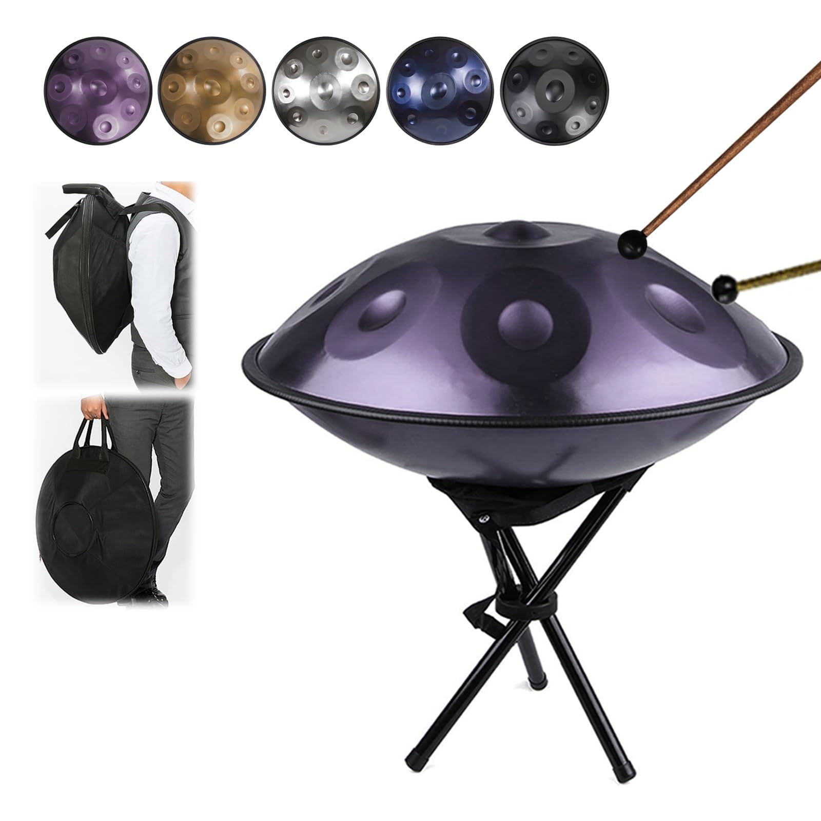 Bęben ręczny 432Hz w tonacji d-moll, stalowy bęben ręczny, miękki pokrowiec na bęben ręczny, młotek do bębenka ręcznego, stojak na bęben ręczny, ściereczka bezpyłowa 22 cale, nuty 9/10/12 (kolor: 4